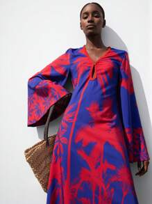 Aveloria Modichic Elegante abito lungo con maniche a sbuffo per donna, con stampa di palme e taglio scollato, in stile boho per vacanze, vestibilità morbida