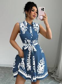 Elenzga 女式花卉印花无袖纽扣衬衫裙，度假风格 - 藍色 - 查看 3