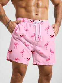 Surfspeed Men's Flamingo Print Drawstring Waist Beach Shorts (Print Style Random),Hawaiian