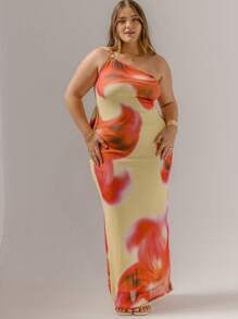 Aralina Curve Plus Size 不对称花卉印花单肩修身夏季长裙 - 彩色 - 查看 1