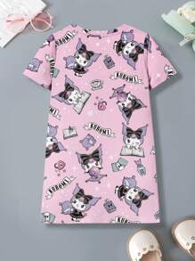 HELLO KITTY AND FRIENDS | SHEIN 年轻女孩可爱卡通图案圆领短袖连衣裙，夏季 - 白色 - 查看 4