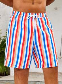 Men's Casual Colorful Striped Floral Pattern Woven Fabric Beach Shorts, Summer - Multicolor - View 5