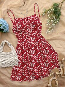 Soleia 女式休闲度假露背吊带迷你连衣裙，带荷叶边下摆，碎花图案，适合夏季 - 彩色 - 查看 5