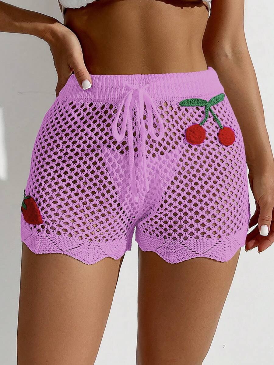 SHEIN Swim 女士节日樱桃装饰镂空罩衫(带短裤) - 淡紫色 - 查看 1