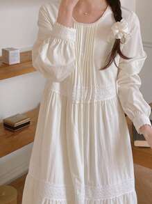 DAZY Women Round Neck Heavy Lace Splice Long Sleeve Solid Color Dress,Ruffle,Fall Dress - Beige - View 3
