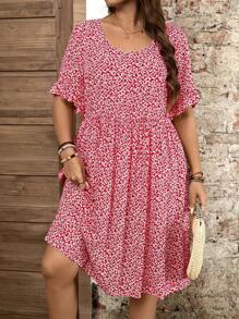 SHEIN LUNE 大码短袖圆领时尚连衣裙，适合夏季 - 紅色 - 查看 5