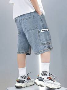 SHEIN Young Boy Summer Retro Casual Patch Loose Fit Baggy Blue Denim Shorts With Side Pocket, Spring Summer Spring Break