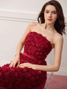 MOTF PREMIUM FLORAL APPLIQUED TUBE TOP,VALENTINE'S DAY - Burgundy - View 1