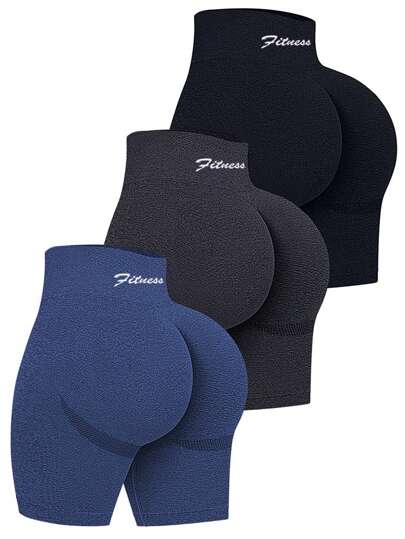 Easithlete 3pcs Women's Letter Print High Waist Seamless Workout Shorts, Everyday Fitness Biker Shorts