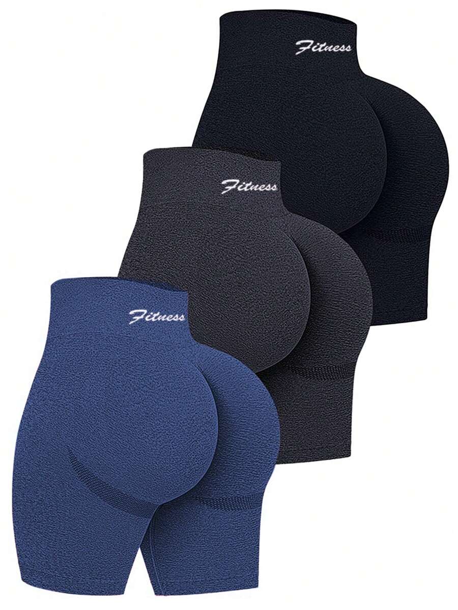 Easithlete 3pcs Women's Letter Print High Waist Seamless Workout Shorts, Everyday Fitness Biker Shorts