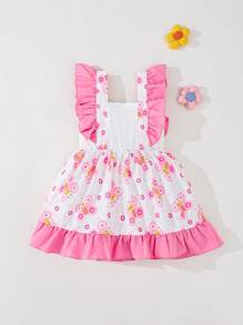 Baby Girls Casual Everyday Bee Print Cap Sleeve Dress, Suitable For Outings Or Comfortable Home Wear, Versatile