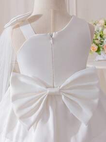 SHEIN Glamorique Kids Baby Girl Flower Girl Removable Big Bow Shoulder Wedding Dress, Elegant Mesh Dress Suitable For Wedding, Festivals, Parties, Summer Baby Dress Girl Wedding Princess Dress For Girls Baby Girls Dresses Baby Elegant Dress Baby Girl Dress Wedding