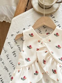 SHEIN LMoss Kids Babygirl Lovely Summer Vacation Floral Ruffled Sleeveless Top And Elastic Waist Pants Set