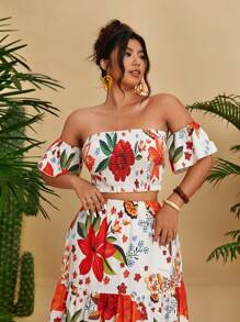 Flirla 2pcs/Set Plus Size Vacation Print Off Shoulder Short Sleeve Flare Dress - Multicolor - View 3