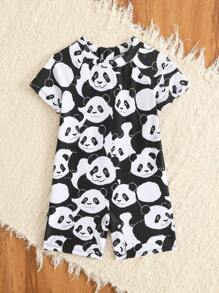 Baby Boy Cute Panda Print One-Piece Zip-Back Beach Swimsuit - Black and White - View 8