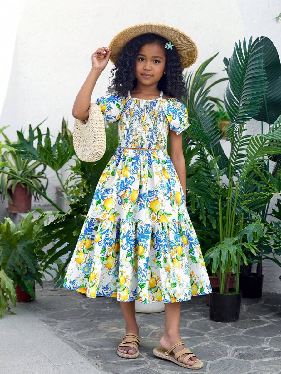 2 件套女童柠檬水果图案吊带上衣和长裙套装，夏季 - 藍色 - 查看 1