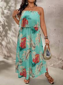 SHEIN LUNE Plus Size Floral Print Ruffle Hem Dress, Vacation Vibe - Green - View 1