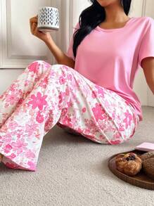 2pcs Women's Solid Color Short Sleeve Top And Floral Print Long Pants Pajama Set - Multicolor - View 4