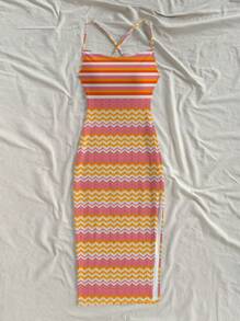 SHEIN WYWH Casual Holiday Style Orange Striped Printed Pattern Beach Dress, Suitable For Summer & Vacation Chic Dress - Multicolor - View 4