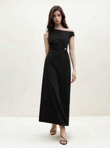 BizChic New Spring & Summer Women's Elegant Black Asymmetrical Neck Long Dress, Suitable For Daily, Work, Date, Commute, Vacation, Graduation, Wedding Events, With Metal Buckle