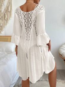 Swim Vcay Boho Crochet Knit Bohemian Cover Up, Elegant Casual, Suitable For Spring Summer Holiday Beach Party, Hollow Design - Beige - View 2