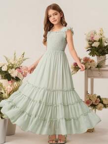 Vestido largo elegante para niña con diseño floral, vestido de fiesta de gasa sin mangas con estampado floral para niña preadolescente - Verde - Ver 3