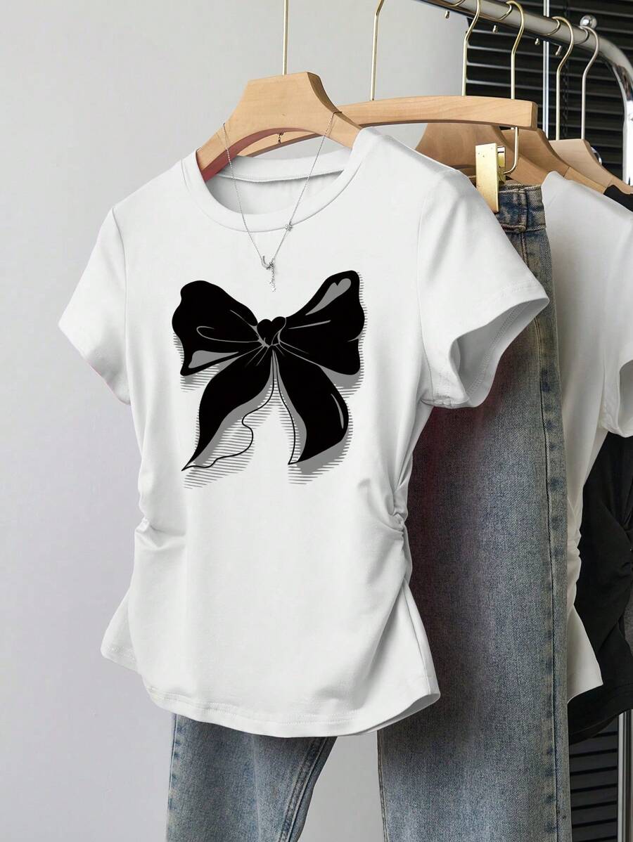 INAWLY Áo thun tay ngắn họa tiết nơ thời trang thông thường đa năng dành cho nữ, phù hợp cho mùa hè - trắng - Xem 1