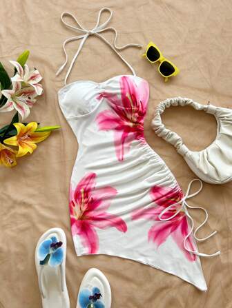 Soleia Women's Vacation White Based Pink Floral Romantic Print Asymmetric Hem Halter Bowknot Bodycon Dress, For Beach, Western, Festival, Summer Outfit, Boho,Summer Dresses For Women