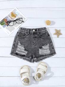 SHEIN Pantalones cortos vaqueros de pierna ancha de línea A versátiles y con dobladillo deshilachado para niñas, verano