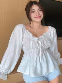 Dazy Plus Plus Size Off-Shoulder White Long Sleeve Blouse Top With Flared Sleeve And Waist Cinching, Spring/Summer/Autumn, Ruffle - White - View 3