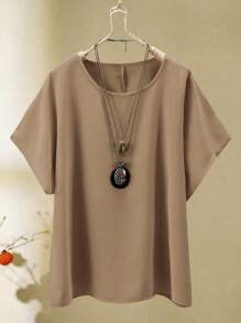 Linhara Conjunto de 2 piezas de talla grande para mujer con parte superior de manga murciélago y pantalones en unicolor, informal - Caqui - Ver 7