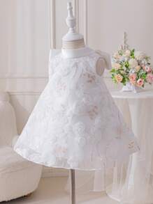 SHEIN Glamorique Kids Abito da damigella bianco da sposa con fiori bianchi 3D ricamati per bambine, abito a sacco con colletto in raso e fiocco grande, elegante outfit da festa per bambine