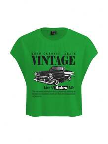 Slaydiva Lässiges Vintage-T-Shirt mit klassischer Autografik und Rundhalsausschnitt, kurzes, lockeres T-Shirt für Damen, geeignet für den Sommer