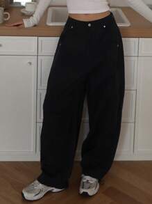 DAZY 女式宽松口袋牛仔胡萝卜裤，黑色，宽松牛仔裤 Y2k - 黑色 - 查看 4