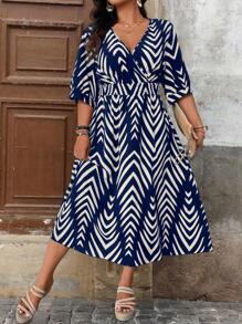 EMERY ROSE Elegant Printed Short Sleeve Dress, Summer - Navy Blue - View 3