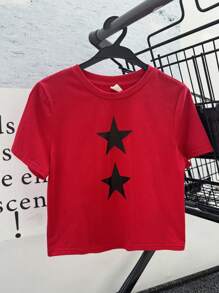 SHEIN Teen Girl Slim Fit Casual Comfy Round Neck Short Sleeve Star Pattern T-Shirt - Red - View 3