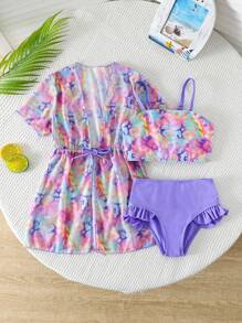 Set di 3 pezzi Bikini con stampa leopardata per ragazze giovani