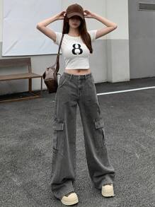 DAZY Women's Low Waist Gray Cargo Pants With Large Pockets, Straight Leg Jeans