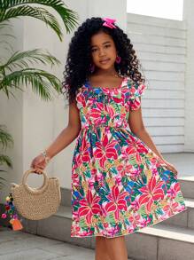 Tween Girls Tropical Print Cami Strap Ruffle Hem Dress, Summer Bestselling Floral Pattern, Sweet Holiday Style, Must-Have Princess Vacation Outfit!