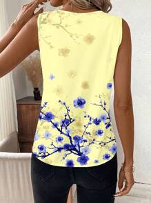 SHEIN Clasi 女士 V 领无袖梅花印花衬衫，日常休闲装 - 黃色 - 查看 2