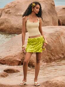 Poéselle Women's Casual Beaded Decor Halter Neck Backless Top For Vacation - Apricot - View 6