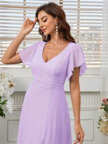 SHEIN Belle V-Neck High Slit Chiffon Bridesmaid Dress (Adult) - Violet Purple - View 3