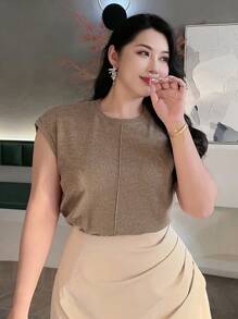 Dazy Plus Oversized Round Neck Cap Sleeve Loose Casual T-Shirt, Spring/Summer,Business Casual Women,Crop Tops Women - Khaki - View 4