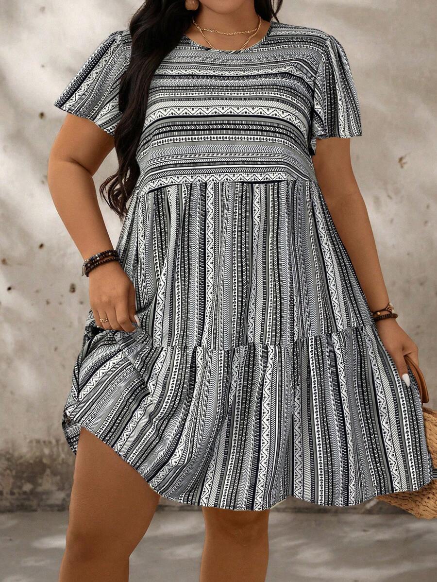 SHEIN LUNE Vestido de línea A de manga corta con volantes y rayas de colores para mujer de talla grande para el verano