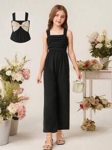 SHEIN 女童休闲时尚简约优雅复古黑白方领无袖高腰褶皱设计长款连体裤配大蝴蝶结装饰 - 黑色 - 查看 3