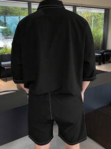 Claim Dot Men's Casual Contrast Stitching Shirt & Shorts Set, Summer - Black - View 2