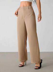 SHEIN PETITE Solid Color Straight Leg Pants, Minimalist Fashion Suitable For Summer In Fall/Winter