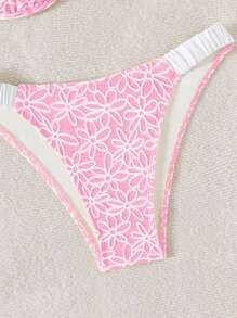 Swim Mod Springbreak Yellow Floral Textured Fabric Wire-Free Women 2pcs Swimsuit Set, Beach Holiday Bikini, Triangle High Waist Ruffled Swimming Pants, Sweet Casual Pool Party Swimwear For Summer Beach Vacation - Pink - View 4