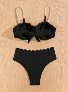 Women's Summer Beach Faux Pearl Decorated Shoulder Strap Sexy Bikini Set