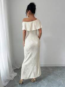 Rafferiza 新款中式提花斜肩优雅高腰连衣裙 - 杏色 - 查看 2